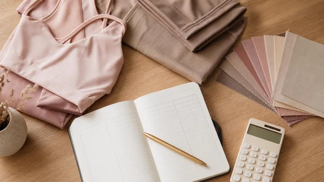 Caderno, calculadora e amostras de tecido sobre a mesa