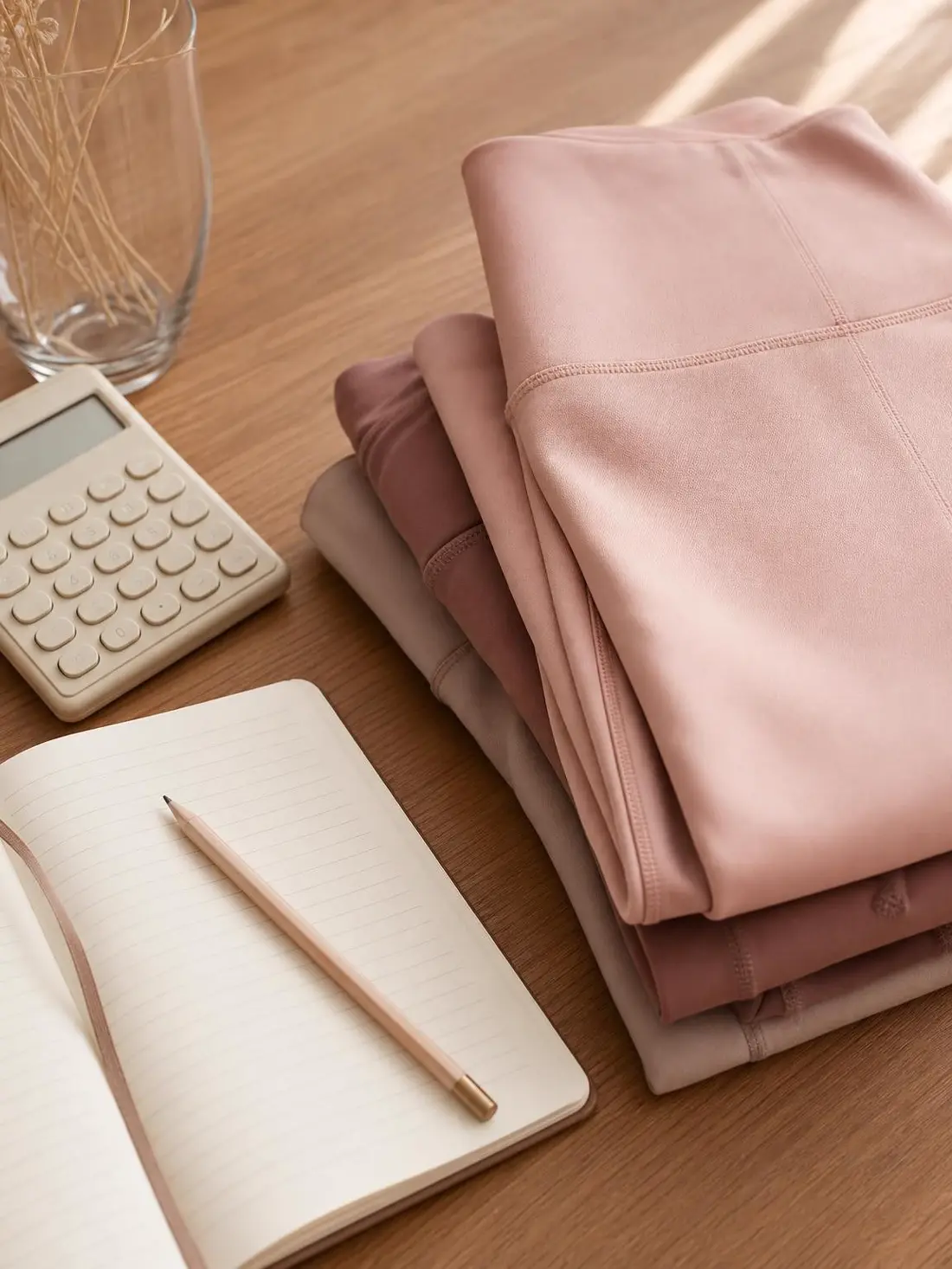 Leggings dobradas ao lado de calculadora e caderno de anotações